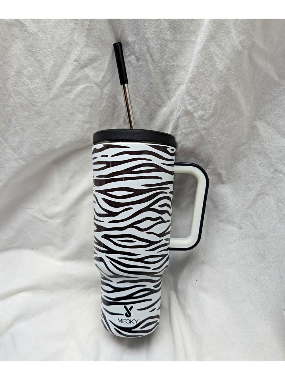 MEOKY 40oz Insulated Stainless Steel Tumbler w/ Handle, Straw, Zebra Print